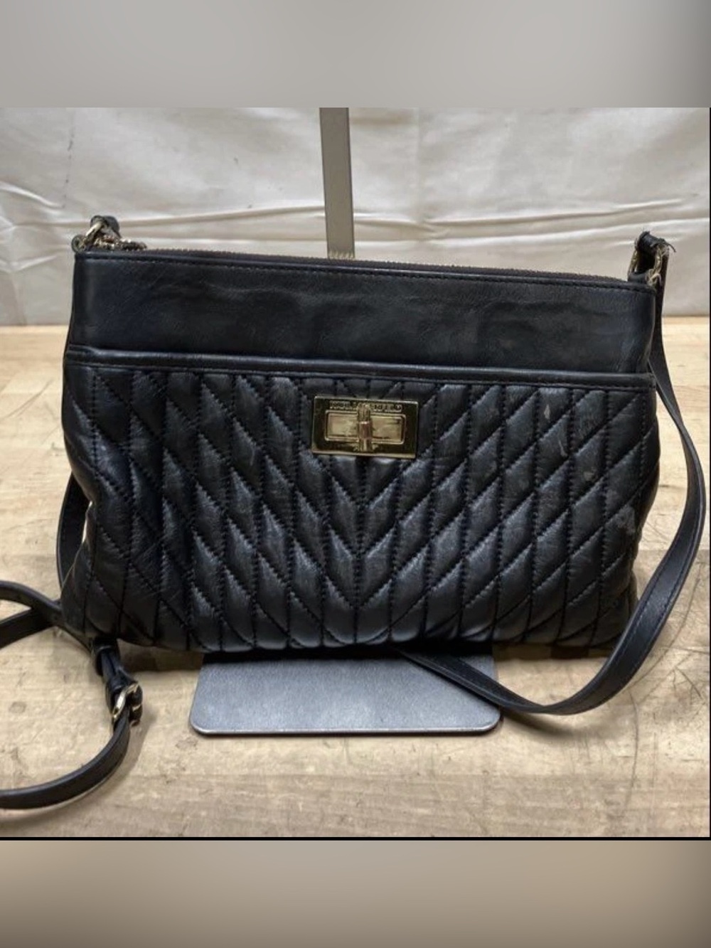 Karl Lagerfeld Black Quilted Leather Crossbody with Turn-Lock